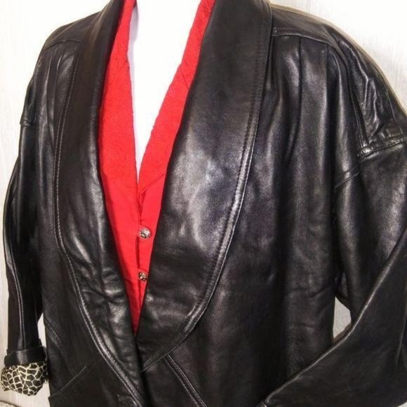 Vintage PRESTON & YORK Oversized Black Lambskin Leather Blazer Leopard Detail - Picture 2 of 5